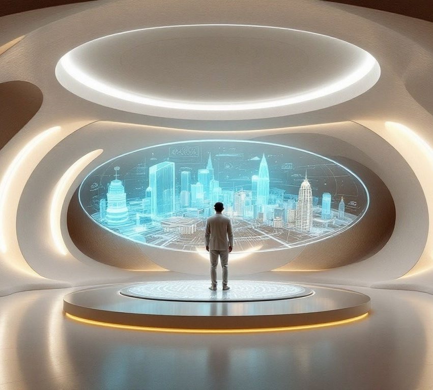 AI-assisted team concept visual of a visitor viewing a luminous destination digital twin