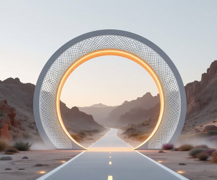 AI-assisted team concept visual of a circular gateway in the Taif landscape