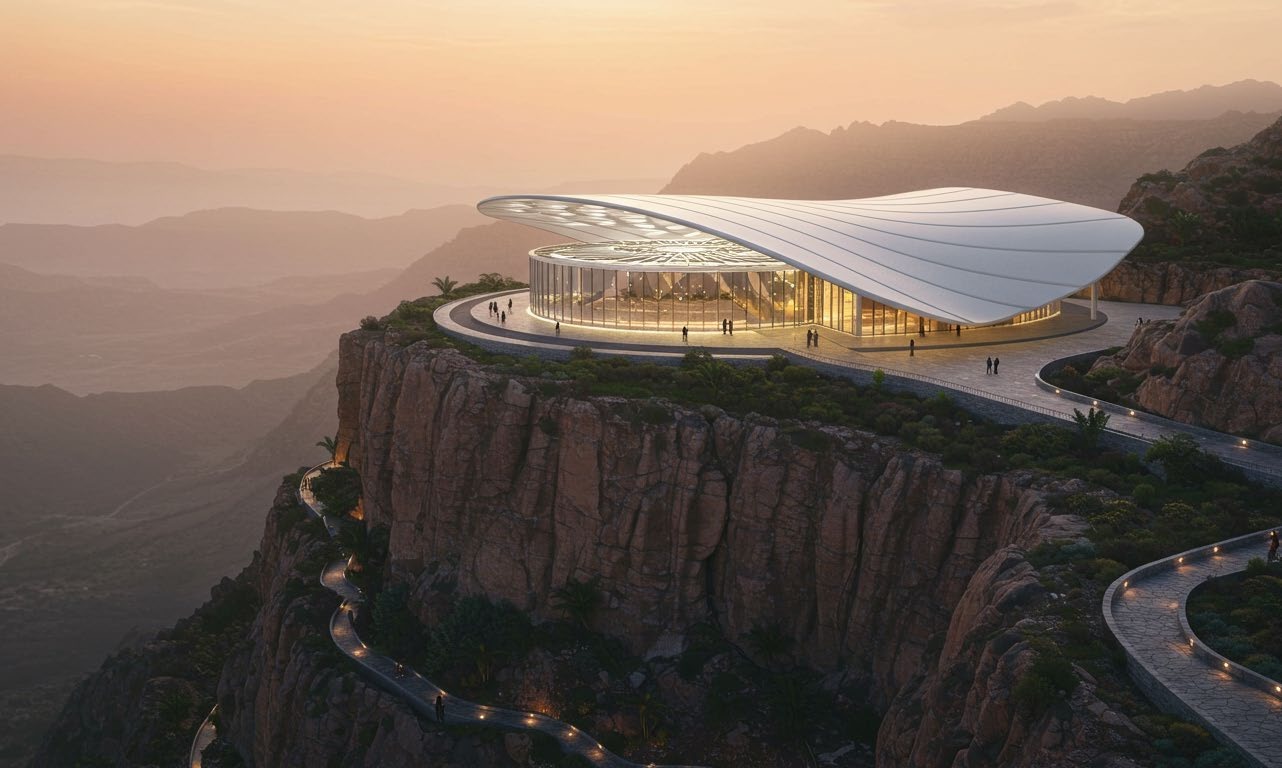 AI-assisted team concept visual of an unbuilt visitor centre on the Taif Escarpment at sunset