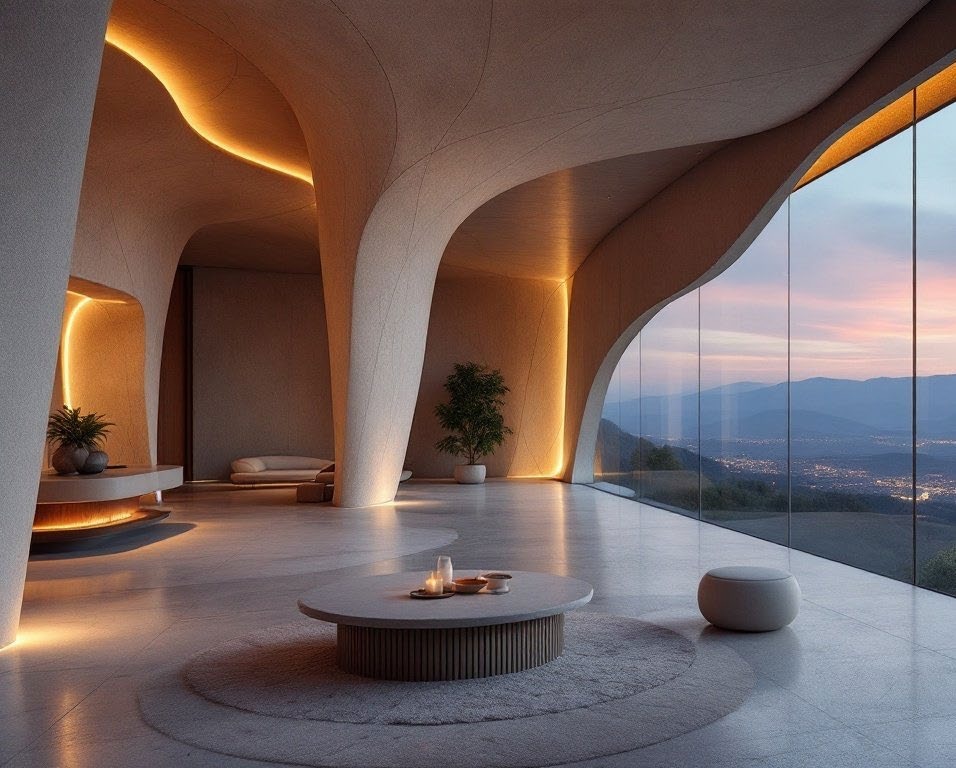 AI-assisted team concept visual of a curved interior space with warm light and mountain views