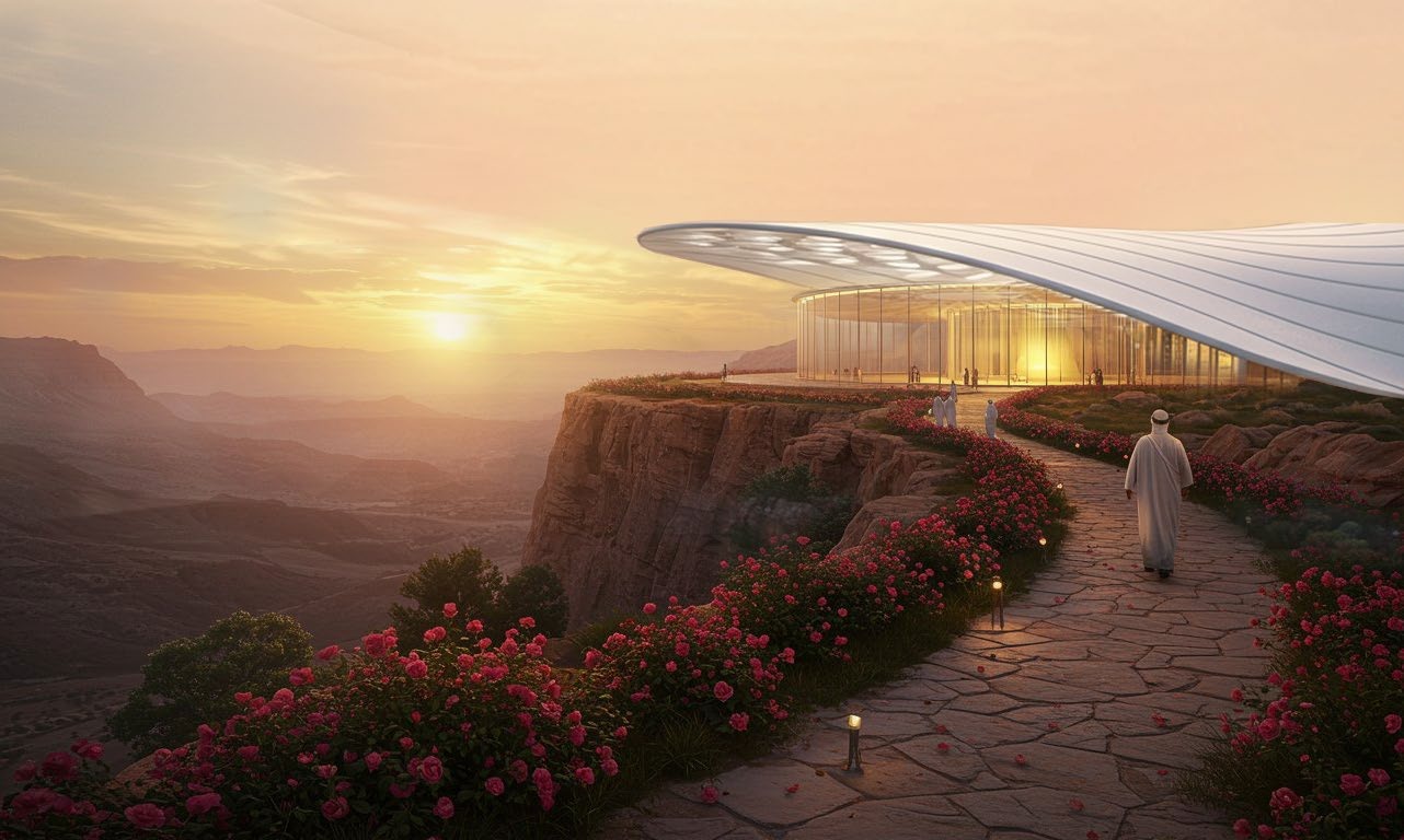 AI-assisted team concept visual of a rose-lined path leading to the visitor centre at sunset