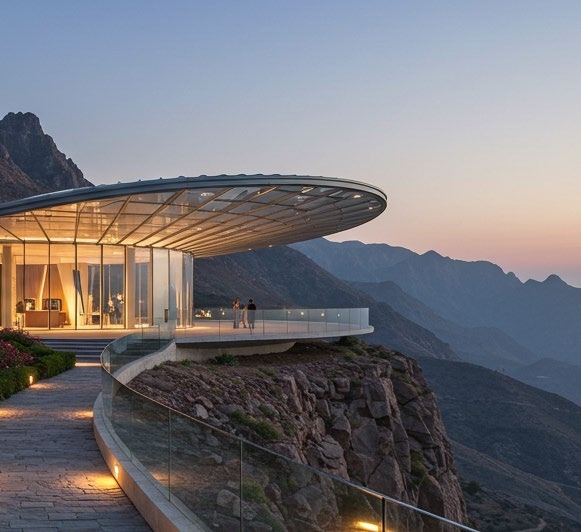 AI-assisted team concept visual of an outdoor viewing terrace above the escarpment