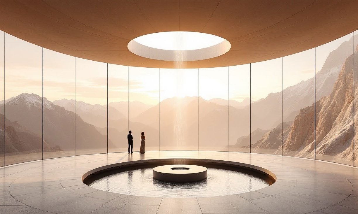 AI-assisted team concept visual of a panoramic interior arrival overlooking the escarpment