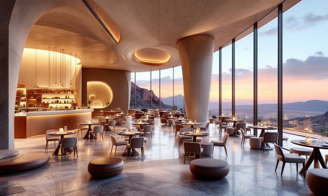 AI-assisted team concept visual of a panoramic restaurant in the Taif landscape
