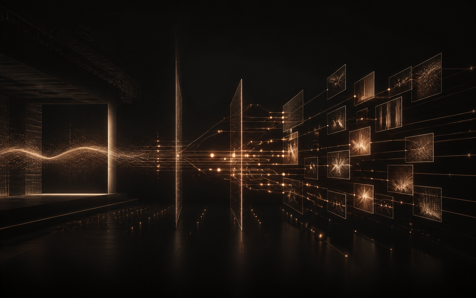 AI-assisted abstract visualisation of a modular livestream and digital distribution system in warm bronze light